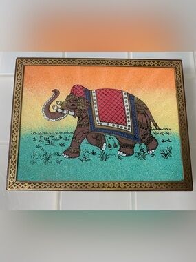 Elephant Jewelry Box, Handcrafted Wood with Brass Inlay Red Velvet Interior